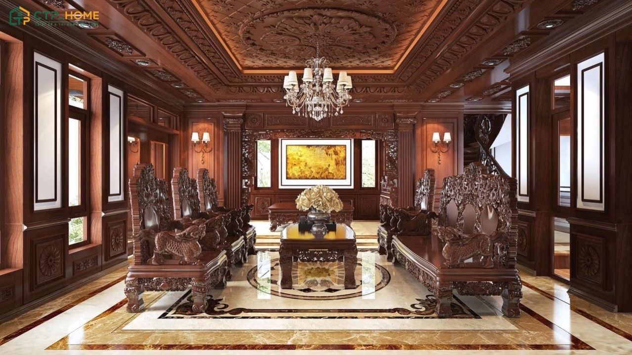 Phòng khách nhà xưa Việt Nam thường ưu tiên sử dụng các đường nét thiết kế cầu kỳ và tinh xảo để gia tăng tính thẩm mỹ
