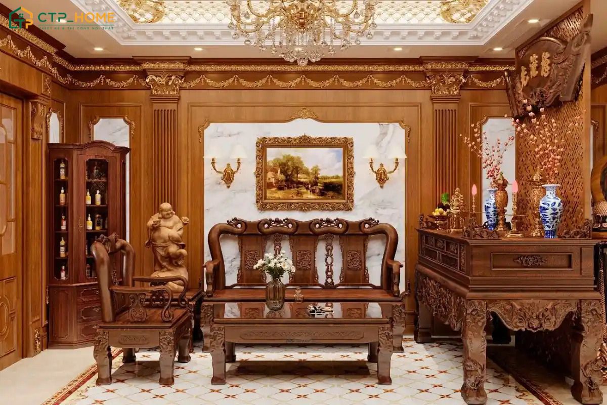 Phòng khách cổ điển Việt Nam thường sẽ sử dụng các chất liệu nội thất gỗ cao cấp như gõ đỏ hay óc chó