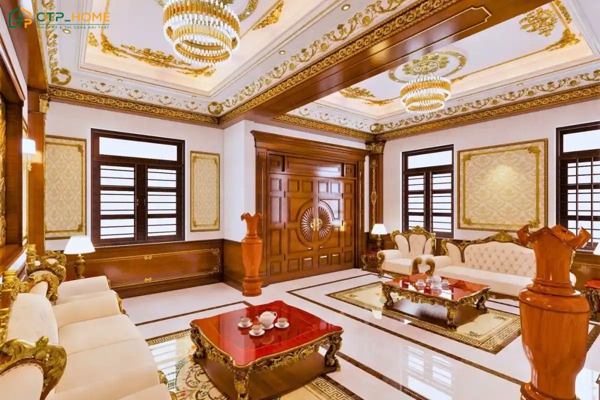 Phòng khách nhà xưa Việt Nam sử dụng hệ đèn chùm kết hợp ánh sáng tự nhiên giúp tạo cảm giác ấm cúng hơn