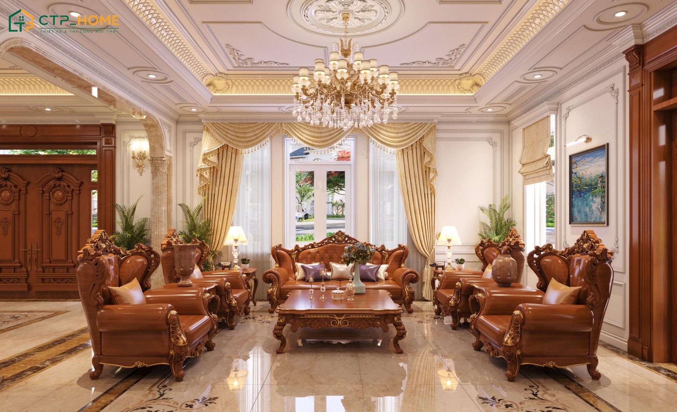 Phòng khách nhà xưa Việt Nam nổi bật với bộ sofa gỗ tự nhiên cao cấp cùng các đường nét chạm khắc tinh xảo