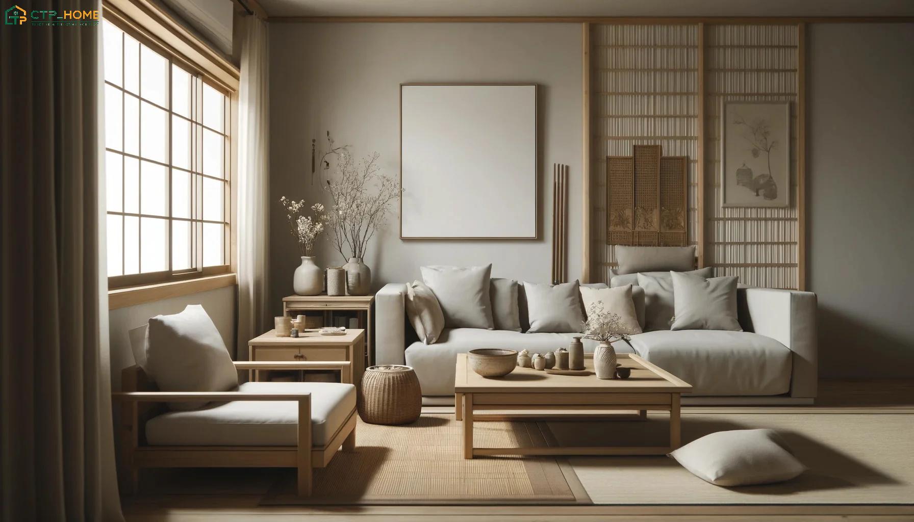 Sử dụng chất liệu tự nhiên sẽ giúp phòng khách phong cách Nhật Bản giữ được vẻ đẹp mộc mạc đặc trưng