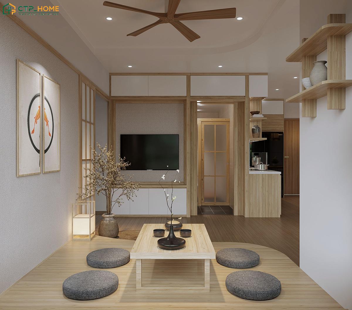 Bố trí nội thất vừa đủ sẽ giúp phòng khách kiểu Nhật nhỏ trở nên rộng rãi hơn nhưng vẫn tốt đáp ứng nhu cầu sử dụng