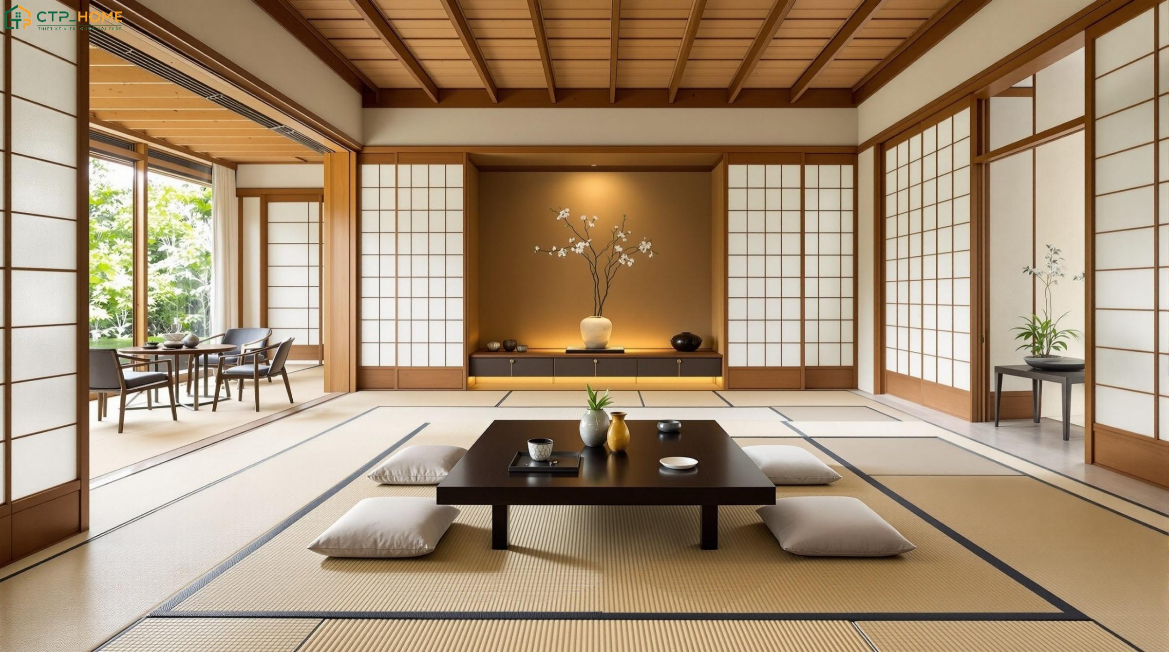 Mẫu thiết kế phòng khách kiểu Nhật hiện đại với chiếu Tatami giúp gia tăng sự thoải mái khi sử dụng