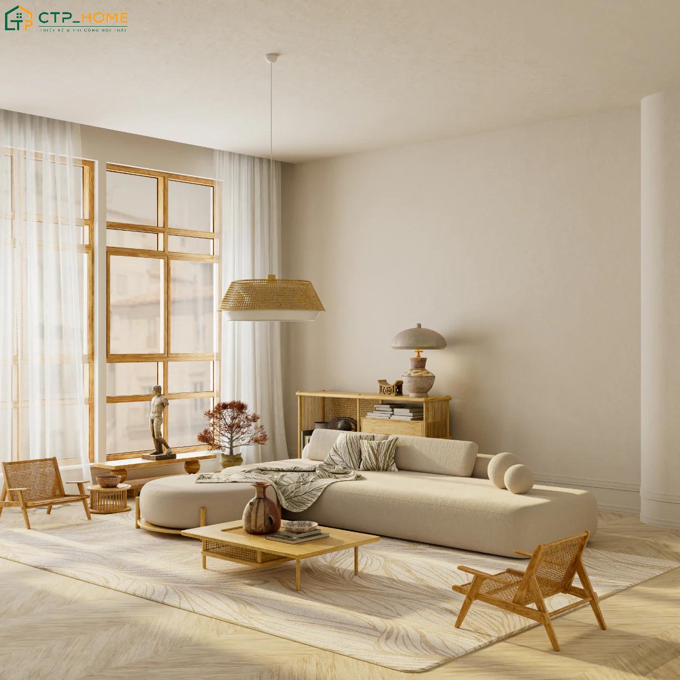 Việc sử dụng bộ bàn ghế thấp sẽ giúp phòng khách tối giản kiểu Nhật trở nên gọn gàng hơn