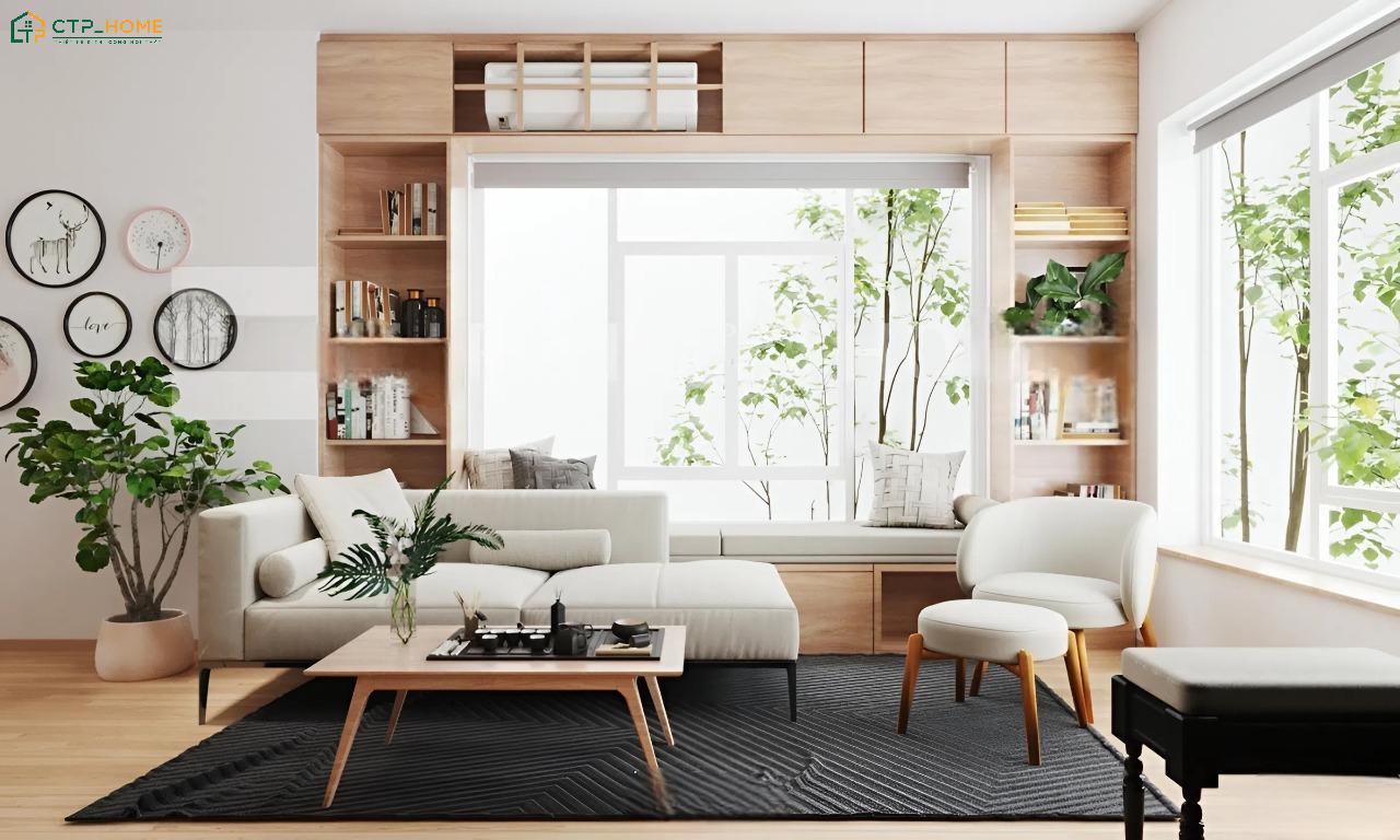 Cây xanh nên bố trí vừa phải để gia tăng tính thẩm mỹ cho phòng khách Nhật Bản mà không chiếm nhiều diện tích