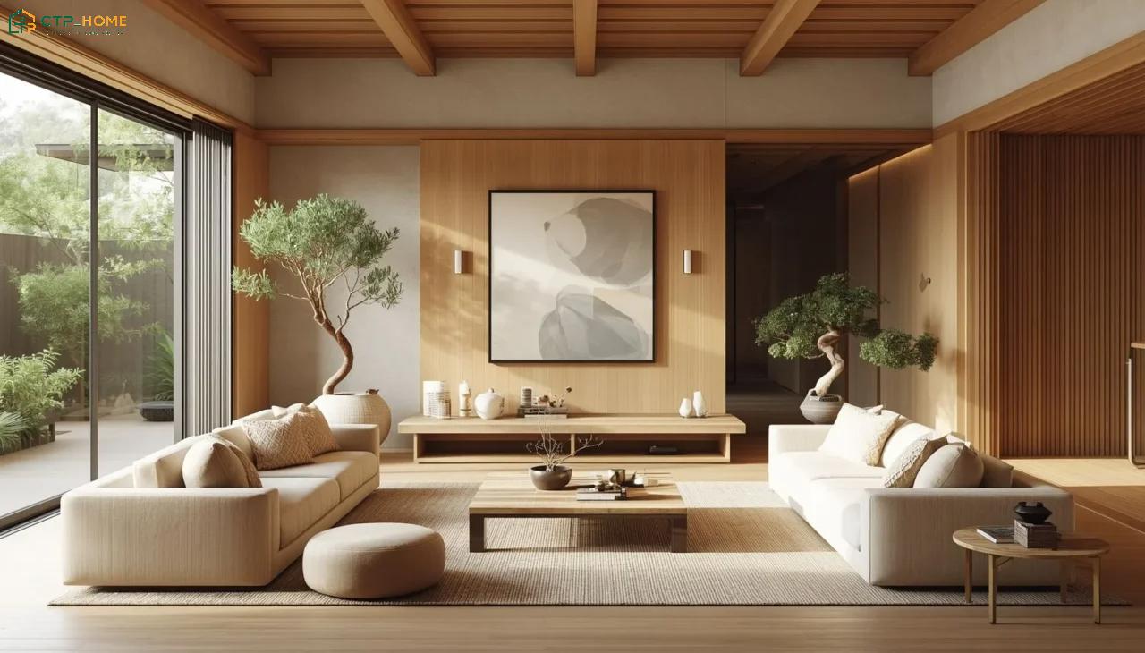 Mẫu thiết kế phòng khách kiểu Nhật với cây xanh trang trí sẽ giúp mang lại cảm giác thông thoáng hơn