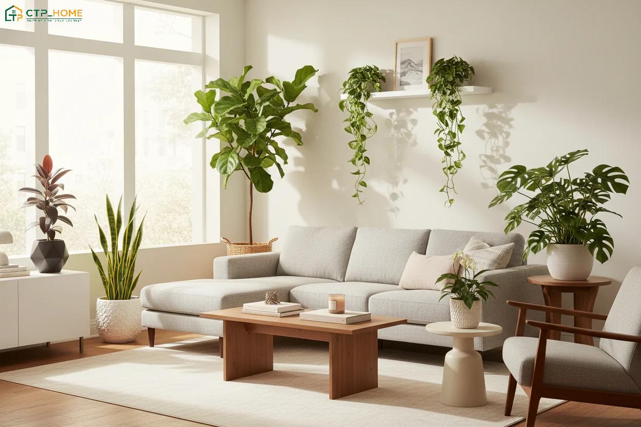 Sự kết hợp hài hoà giữa cây xanh và gam màu trung tính sẽ giúp tạo cảm giác gần gũi hơn với thiên nhiên