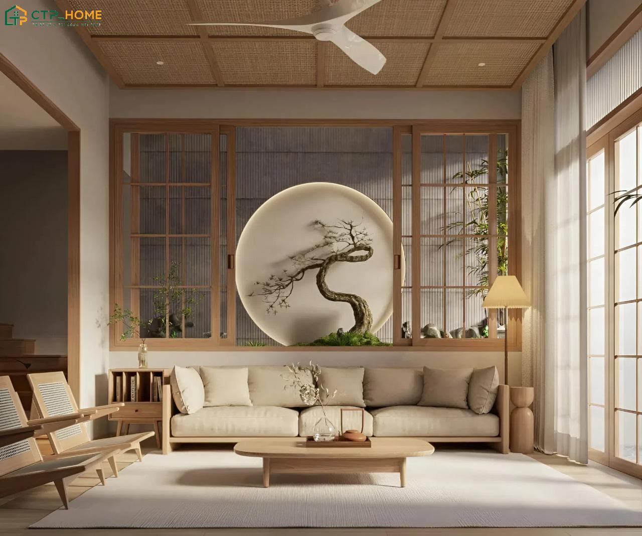 Mẫu thiết kế phòng khách phong cách Nhật Bản màu nâu thường ưu tiên các chi tiết trang trí tối giản