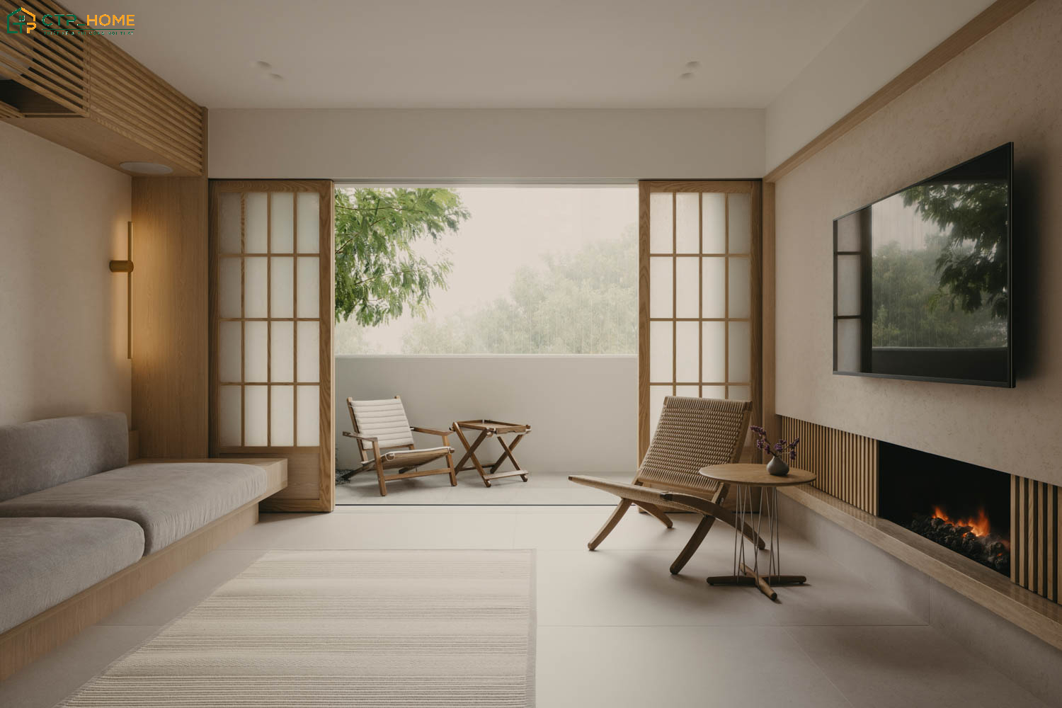 Cửa Shoji giúp phân chia không gian, đồng thời giữ lại nét đặc trưng của phòng khách tối giản kiểu Nhật