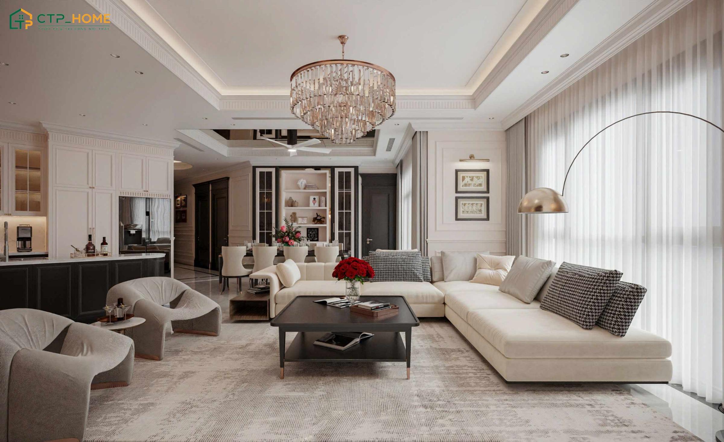 Mẫu thiết kế phòng khách Luxury gam màu trung tính sẽ rất phù hợp với các món nội thất cao cấp