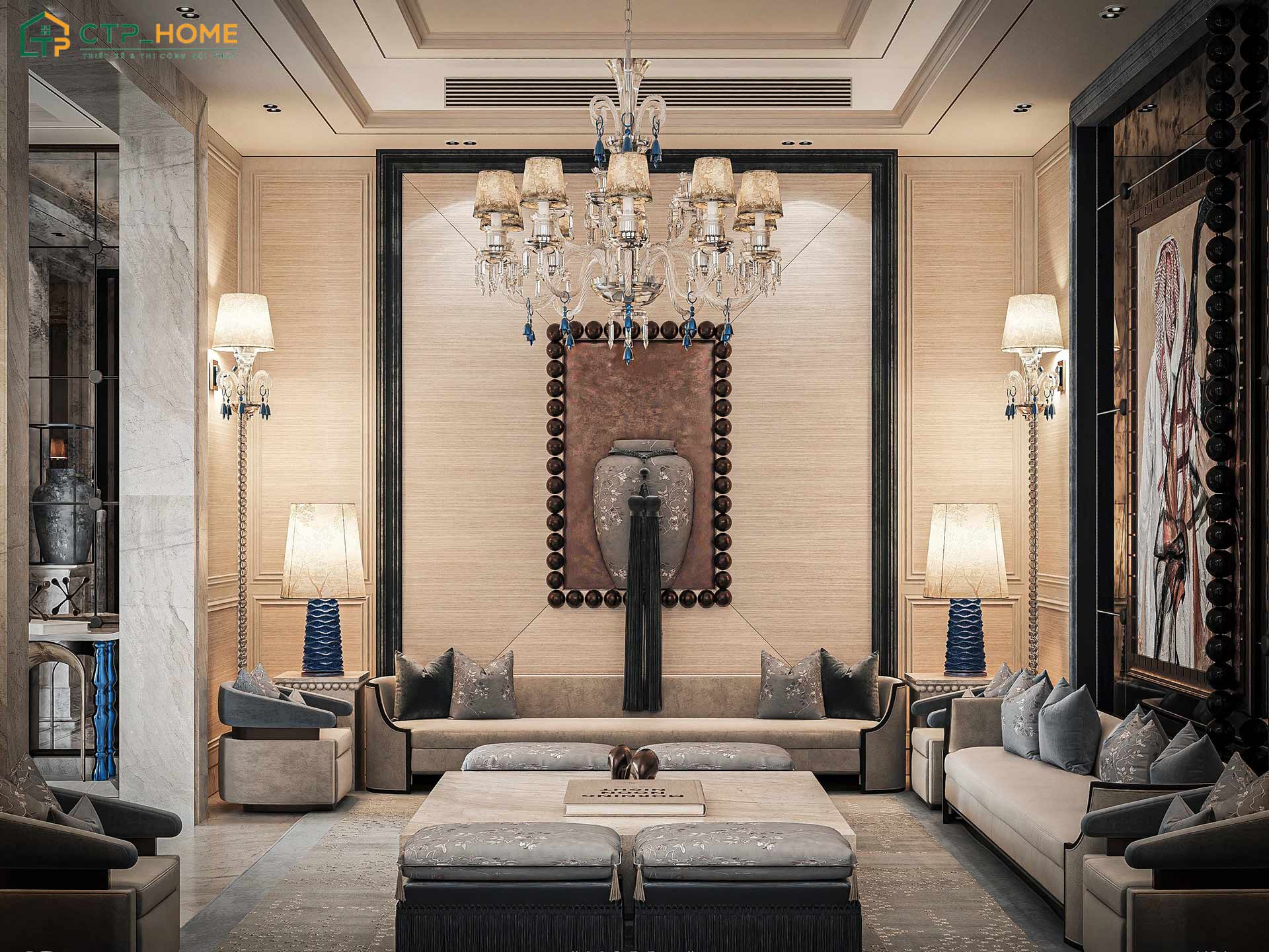 Mẫu thiết kế phòng khách phong cách Luxury gây ấn tượng với tranh nghệ thuật kết hợp đèn chùm cổ điển