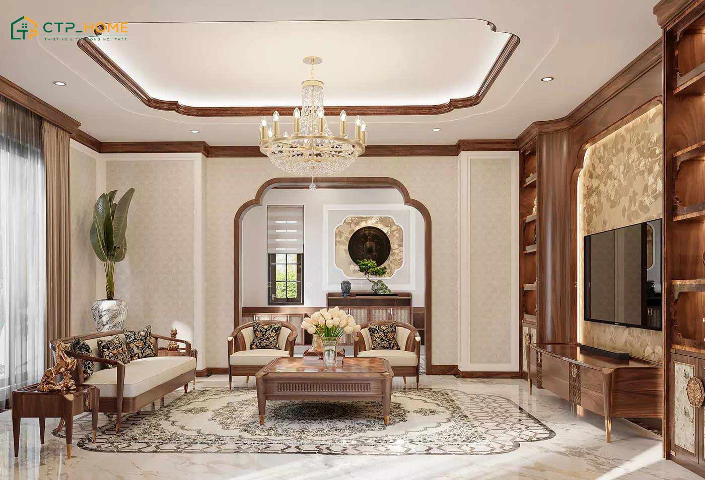Mẫu thiết kế phòng khách Luxury kết hợp Á Đông thường ưu tiên các chất liệu cao cấp như gỗ óc chó, đá tự nhiên