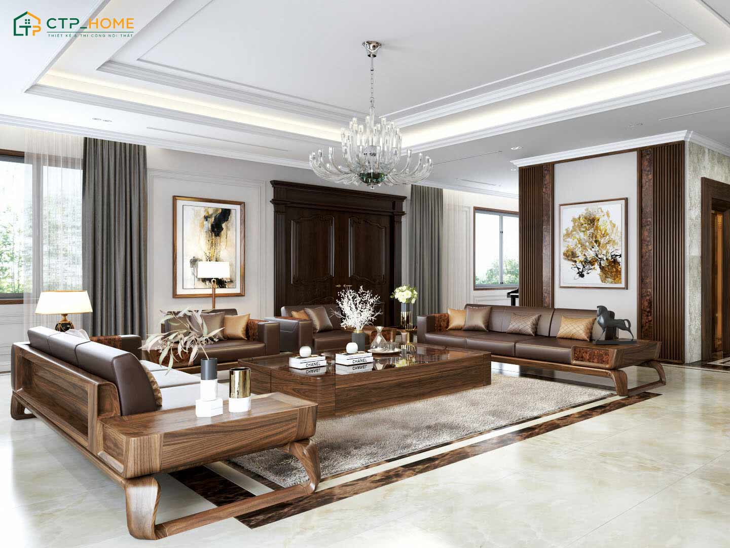 Mẫu phòng khách phong cách Luxury truyền thống thu hút sự chú ý với vẻ đẹp gần gũi và ấm cúng