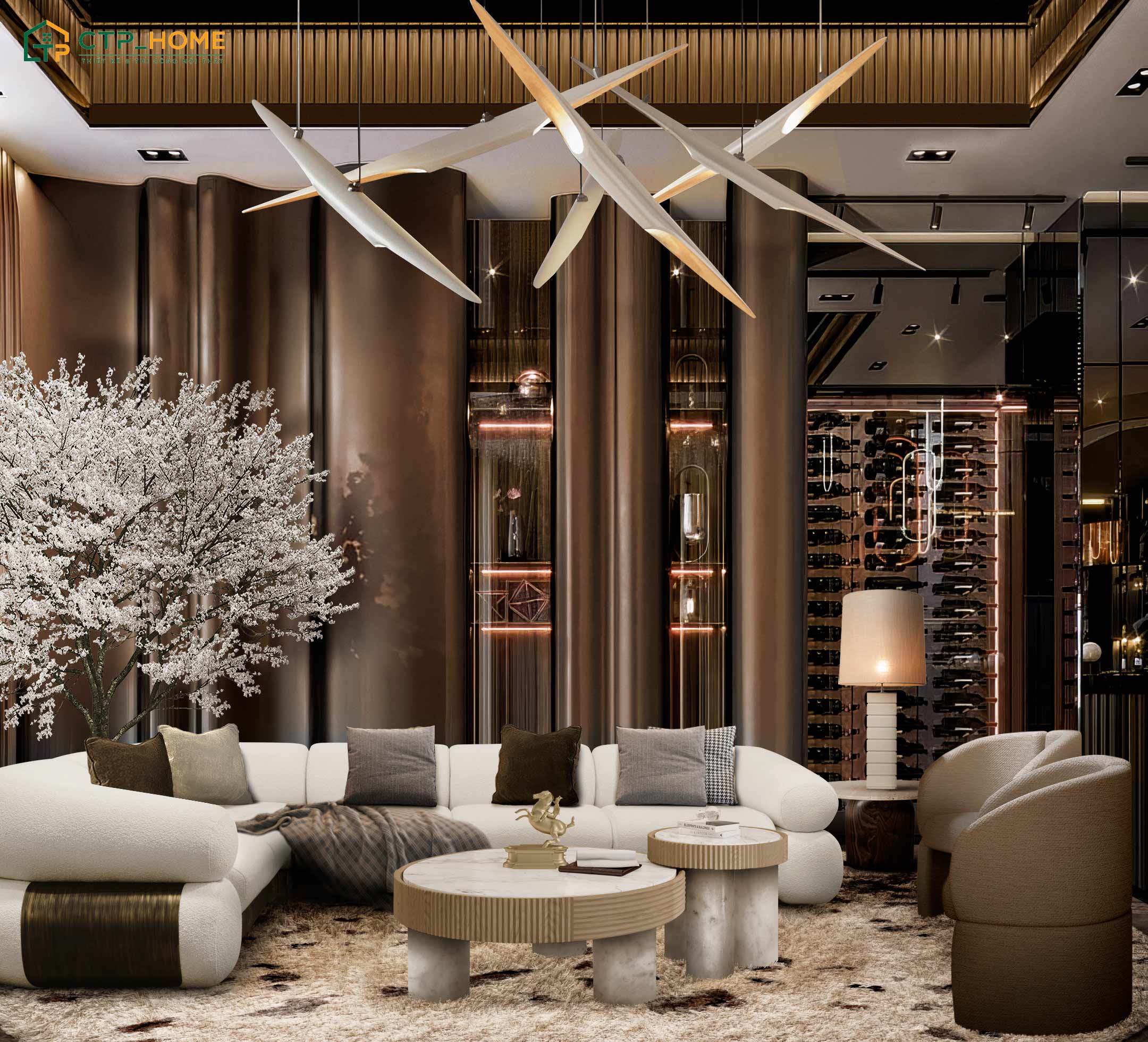 Mẫu phòng khách Luxury thường ưu tiên những thiết kế độc bản để thể hiện cá tính riêng của chủ nhà