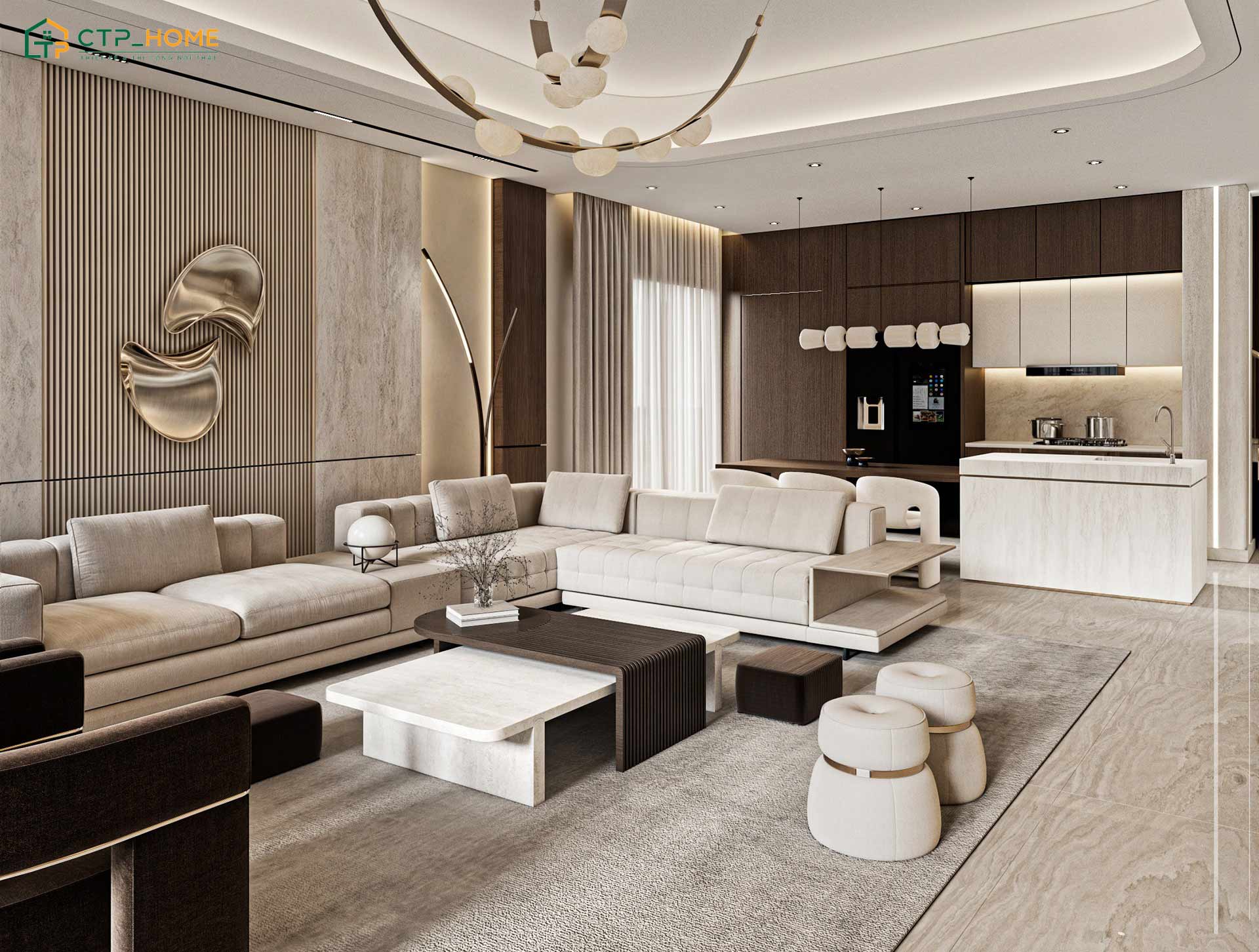 Mẫu phòng khách chung cư Luxury với nét đẹp mạnh mẽ và cá tính giúp thể hiện rõ gu thẩm mỹ của gia chủ