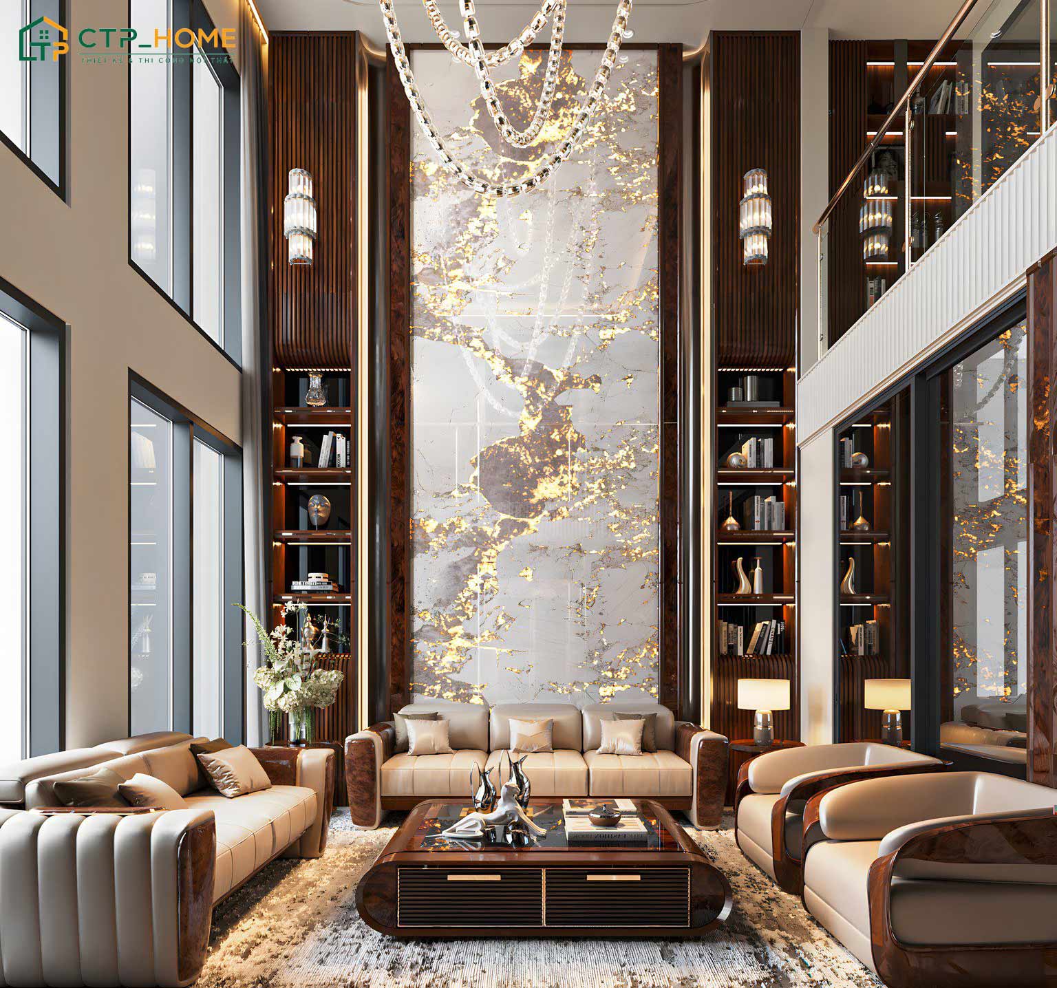 Mẫu phòng khách Luxury cho biệt thự với sự kết hợp hài hòa giữa vật liệu cao cấp và chi tiết tinh xảo