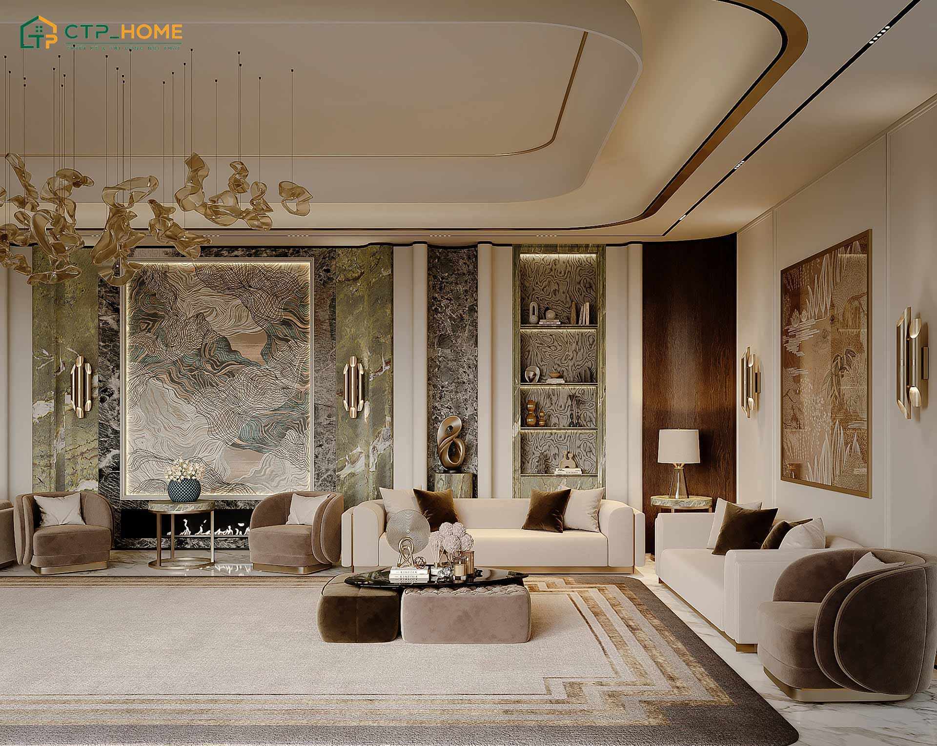 Mẫu thiết kế phòng khách phong cách Luxury cho biệt thự sẽ đảm bảo sự hài hòa giữa thẩm mỹ và công năng