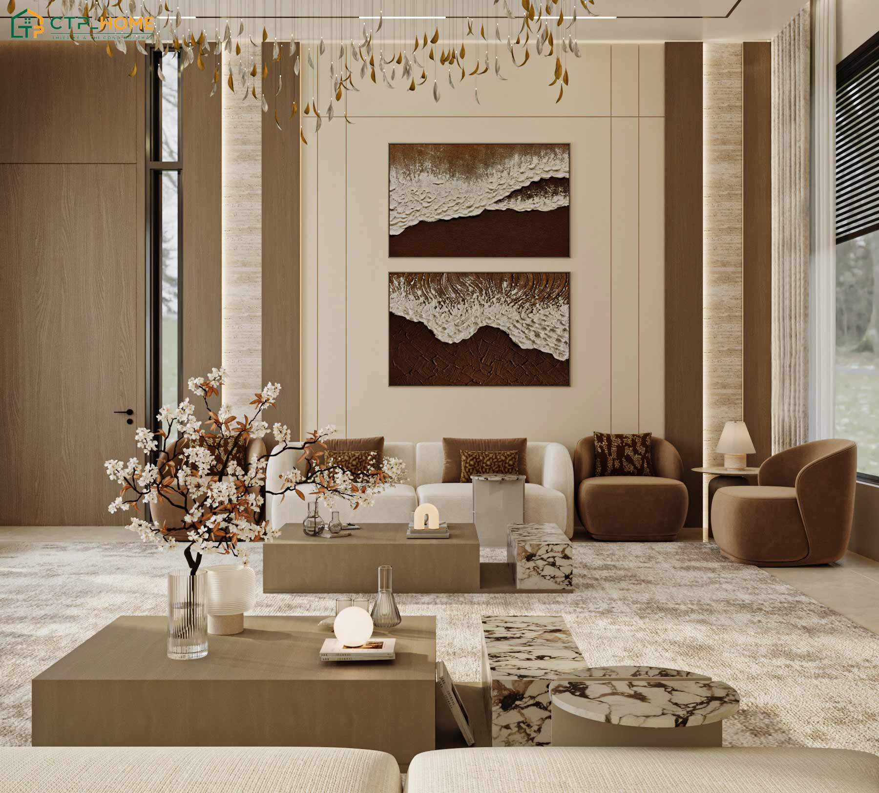 Nét đẹp quý phái của không gian sẽ được thể hiện thông qua các chất liệu như đá marble, gỗ tự nhiên