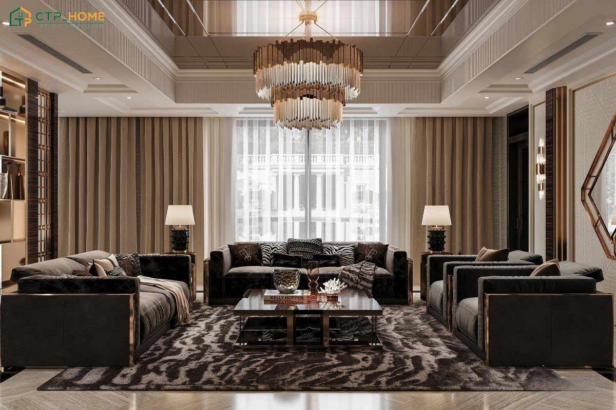 Mẫu phòng khách Luxury với gam màu đen trắng giúp tạo nên một không gian mạnh mẽ và cá tính