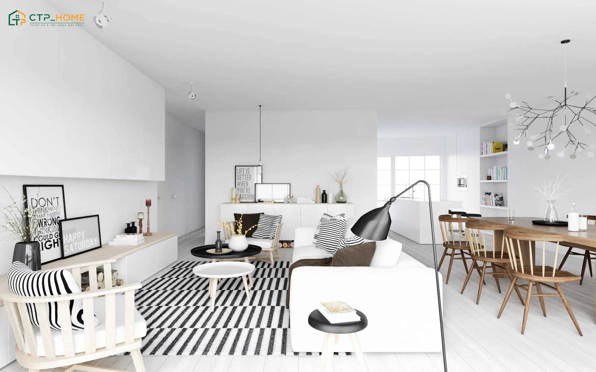 Mẫu phòng khách Scandinavian màu trắng với cách phối màu tương phản sáng tạo nên sẽ không gây rối mắt