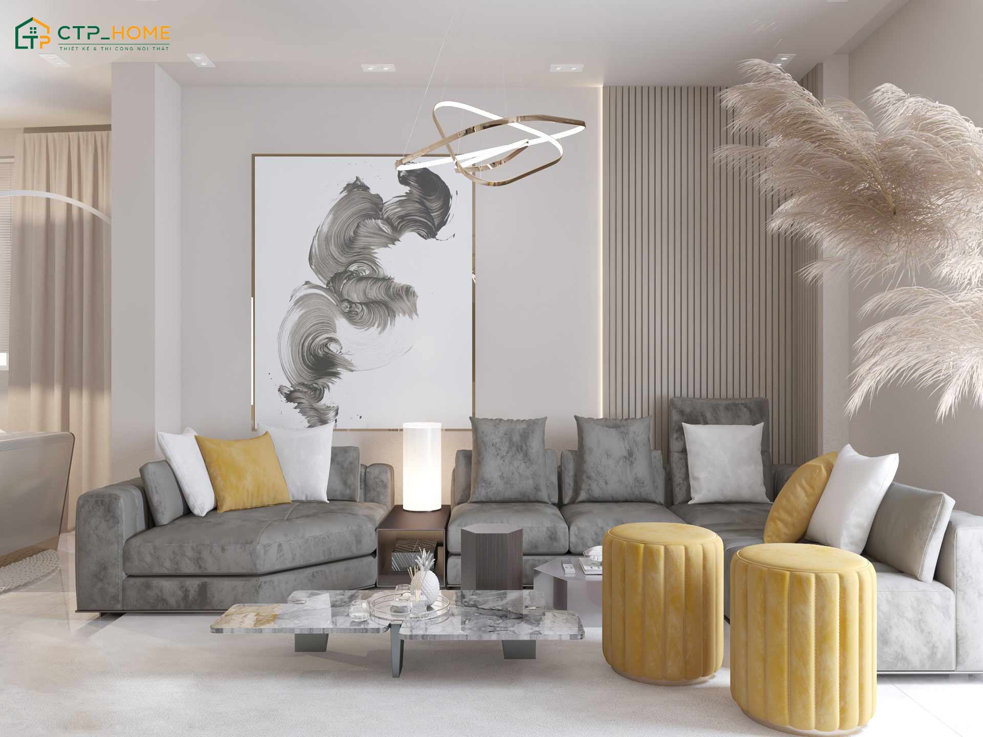 Mẫu phòng khách phong cách Scandinavian màu xám sẽ được kết hợp thêm một số chi tiết tương phản