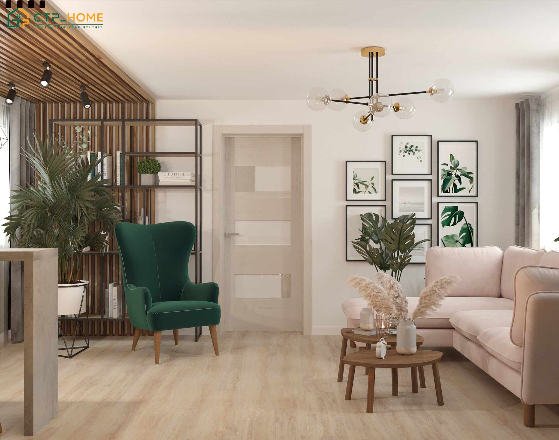 Việc bố trí cây xanh trong phòng khách phong cách Bắc Âu sẽ giúp không gian gần gũi hơn với thiên nhiên