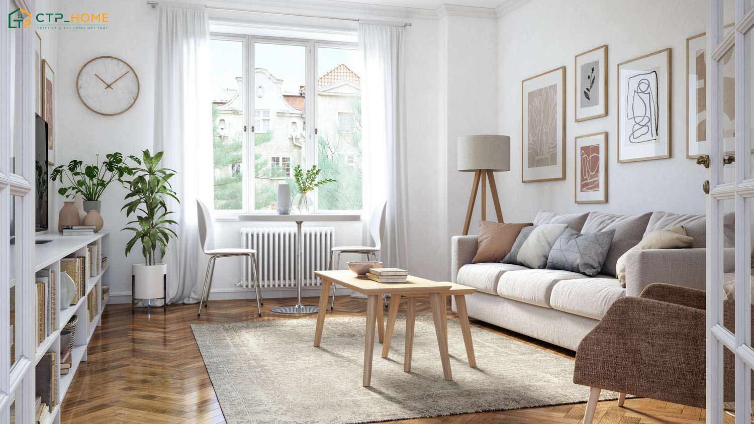 Mẫu thiết kế phòng khách Scandinavian kết hợp cây xanh sẽ đem đến một không gian thông thoáng và dễ chịu