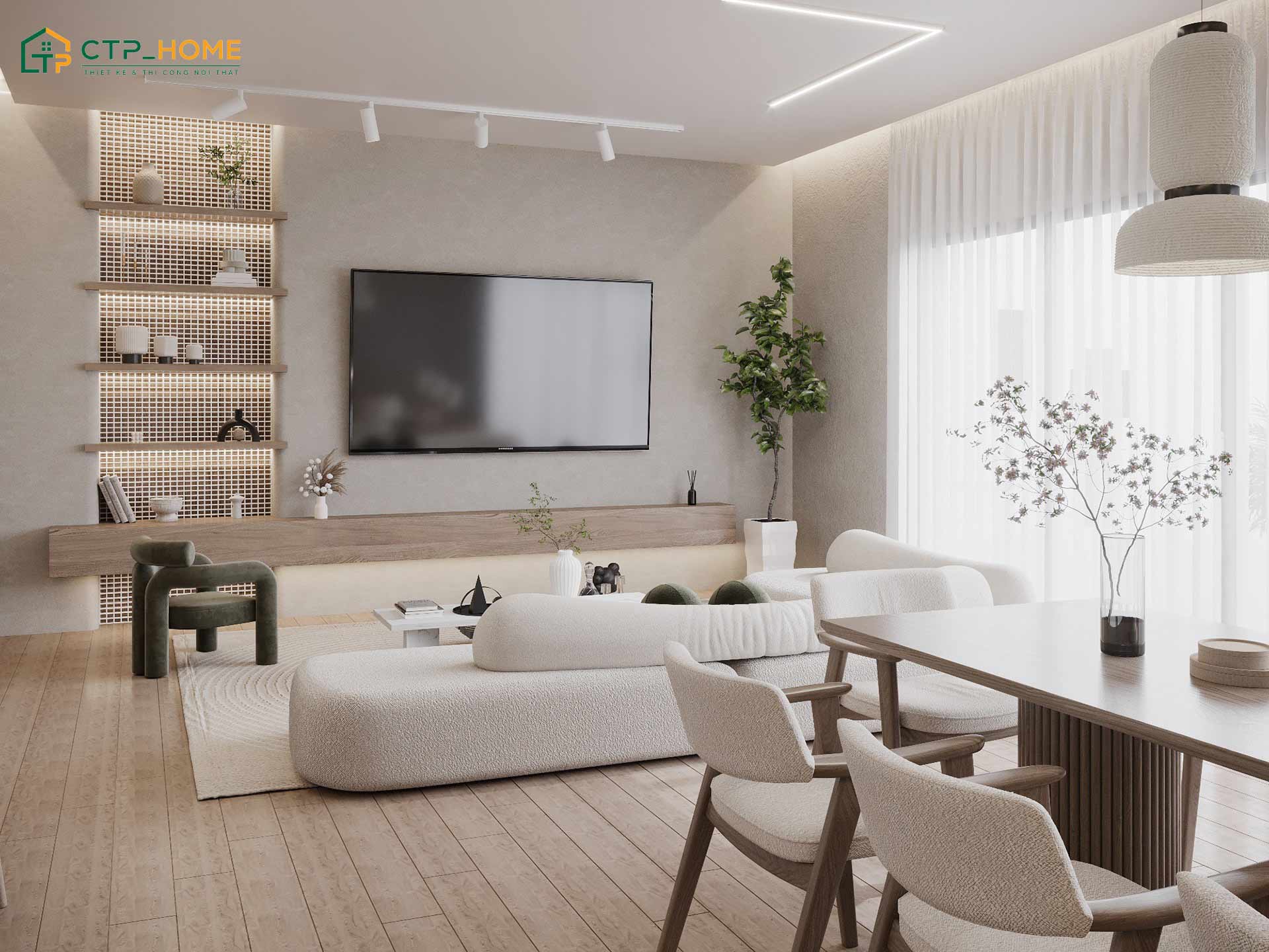 Mẫu thiết kế phòng khách phong cách Bắc Âu cho chung cư với tone màu trắng nhẹ nhàng và cách phối màu tinh tế