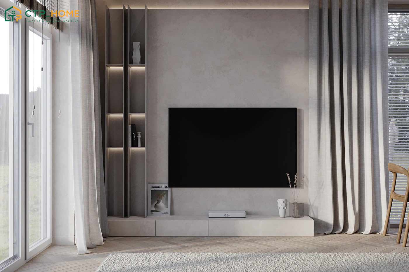 Sử dụng kệ trang trí kịch trần kết hợp cùng đèn LED hắt sáng sẽ giúp không gian trở nên tinh tế và có chiều sâu hơn