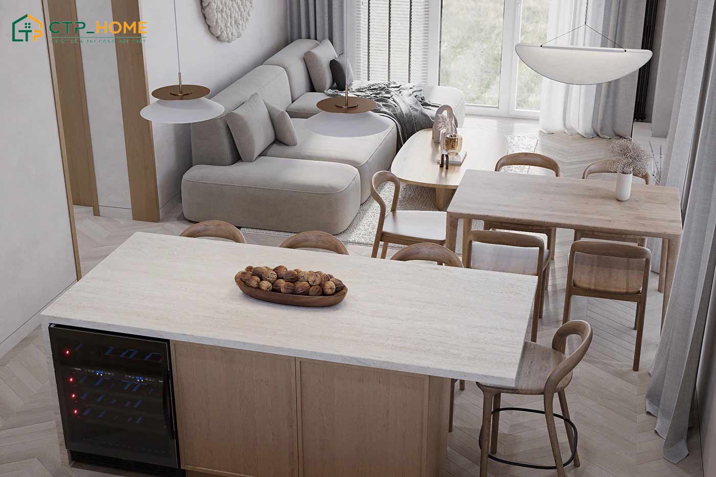 Không gian phòng khách phong cách Bắc Âu được phân chia khoa học giúp đảm bảo sự tiện nghi trong sinh hoạt
