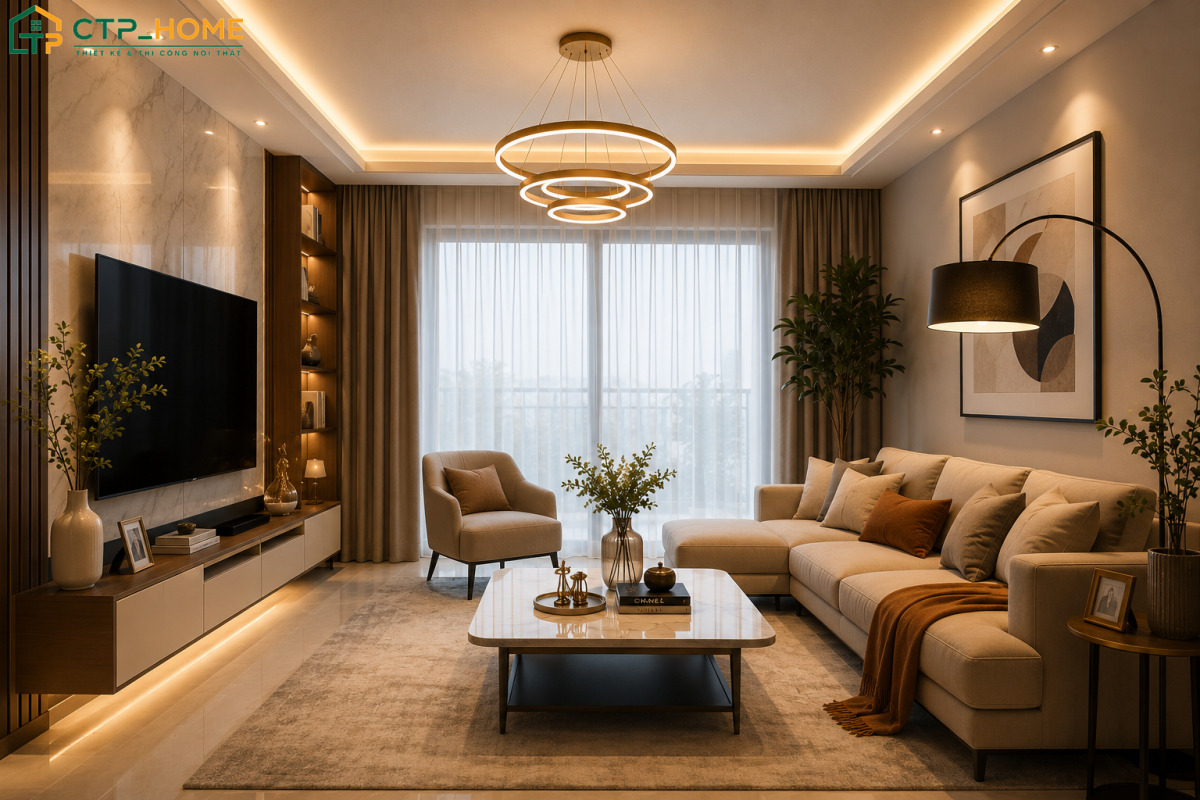 Mẫu phòng khách phong cách Hàn Quốc với gam màu vàng nhạt sẽ đem đến cảm giác nhẹ nhàng và ấm áp