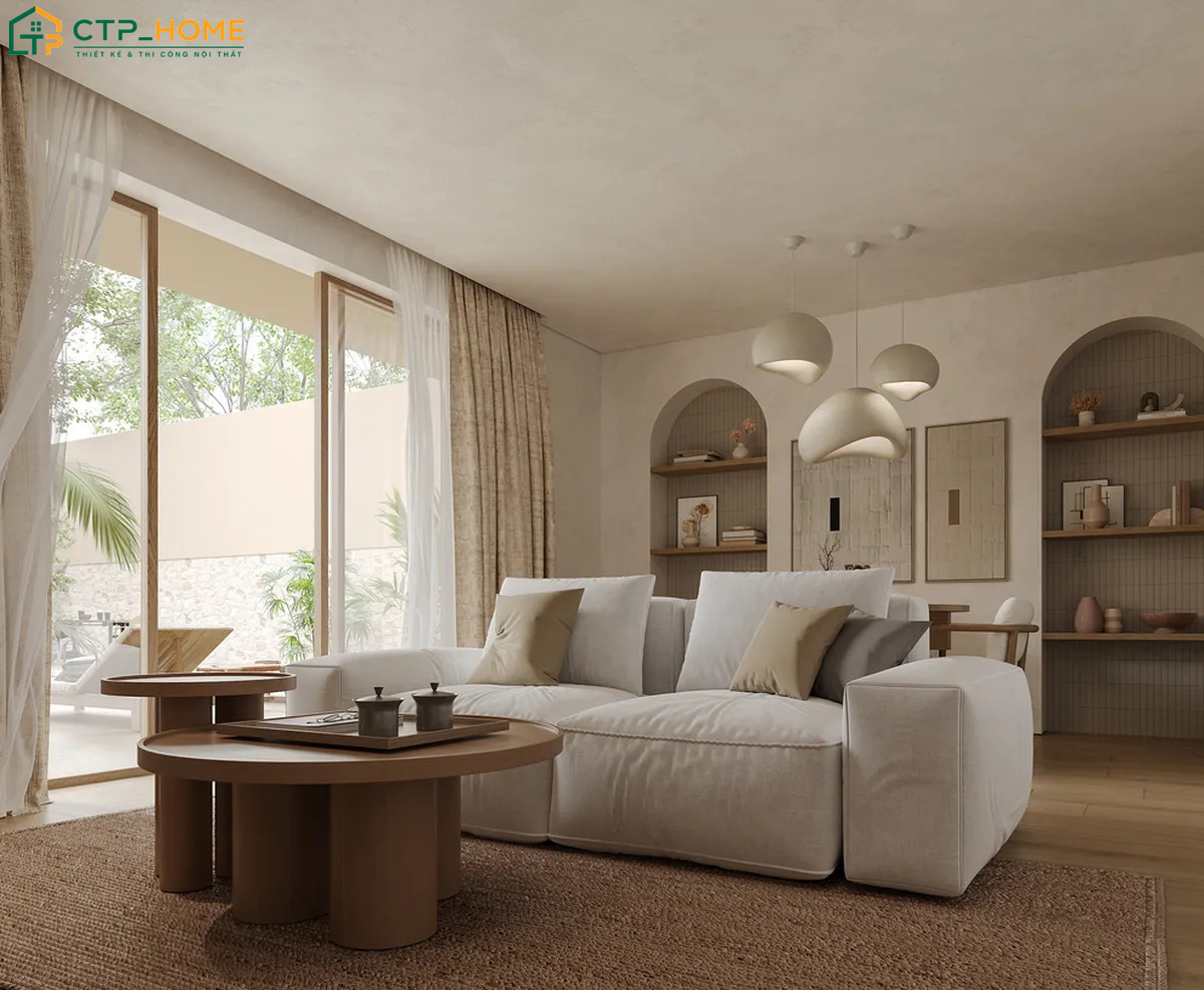 Rèm cửa giúp điều hoà ánh sáng tự nhiên và tạo điểm nhấn mềm mại cho không gian phòng khách Hàn Quốc