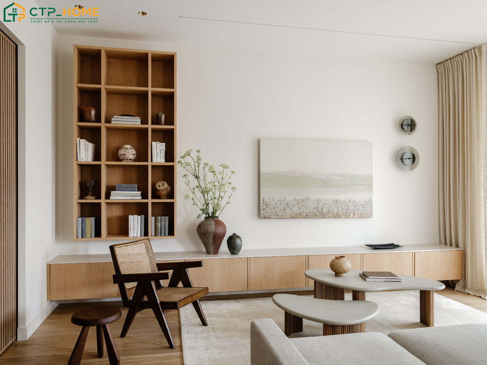 Mẫu phòng khách Hàn Quốc sử dụng chất liệu gỗ tự nhiên giúp mang lại cảm giác nhẹ ngàng và ấm cúng