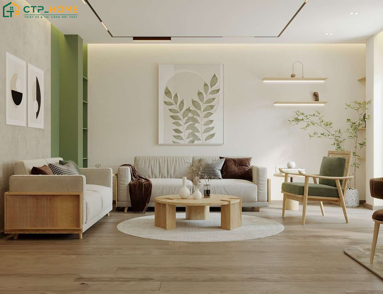 Sự kết hợp giữa nội thất gỗ tự nhiên và các gam màu sáng sẽ giúp không gian phòng khách trở nên hài hòa hơn
