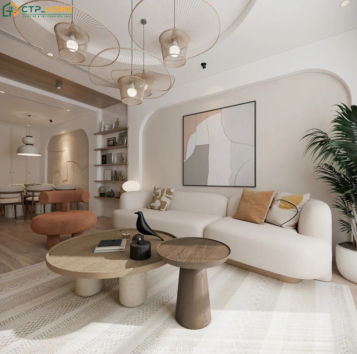 Mẫu phòng khách phong cách Hàn Quốc sử dụng nội thất gỗ tối giản nhưng vẫn đáp ứng công năng sử dụng