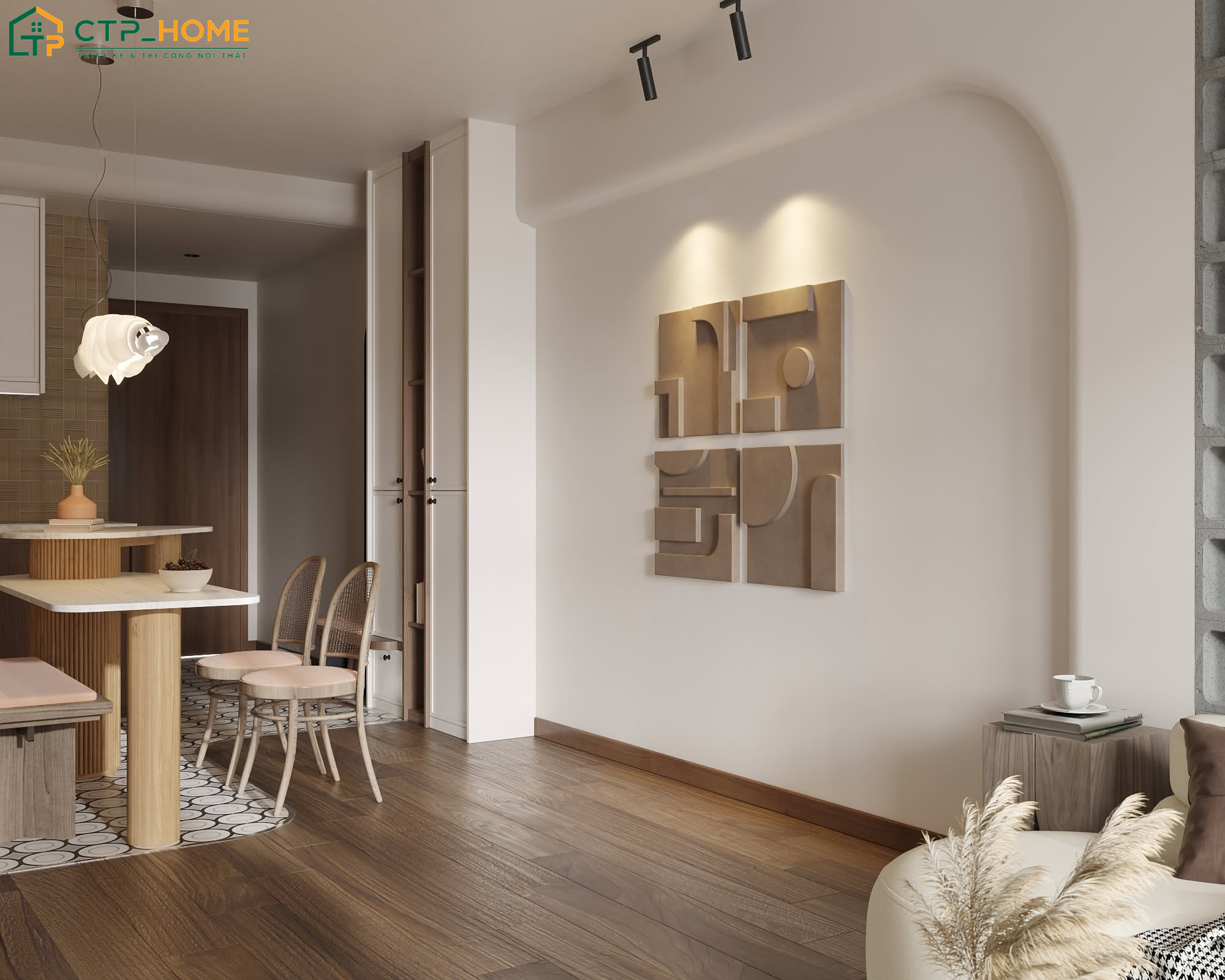 Bố trí không gian mở giúp phòng khách rộng rãi hơn, đồng thời tăng sự kết nối hài hòa giữa các khu vực chức năng