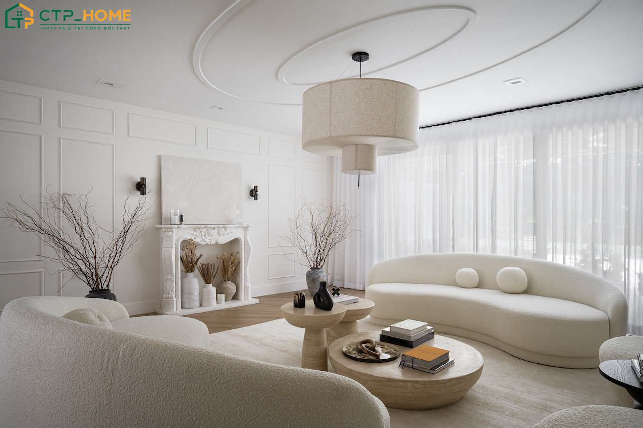 Mẫu phòng khách phong cách Hàn Quốc tone trắng mang lại vẻ đẹp thanh lịch và trang nhã