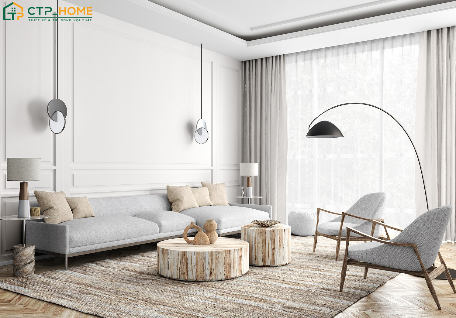 Mẫu phòng khách Hàn Quốc sử dụng màu trắng làm chủ đạo sẽ tạo cảm giác rộng rãi hơn cho không gian