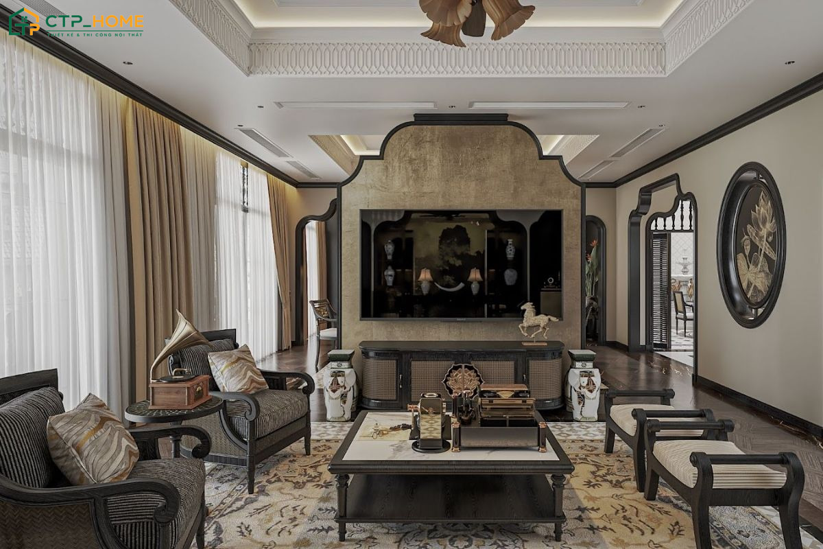 Bố trí phòng khách nhà phố phong cách Indochine theo xu hướng mở giúp tạo sự kết nối hài hoà giữa các khu vực