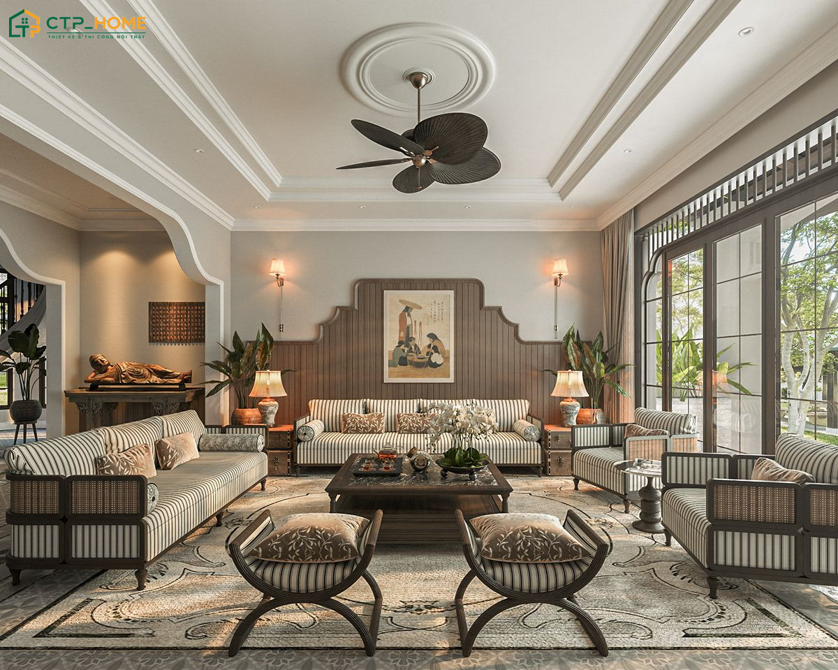 Mẫu thiết kế phòng khách phong cách Indochine cho biệt thự nổi bật với không gian rộng rãi
