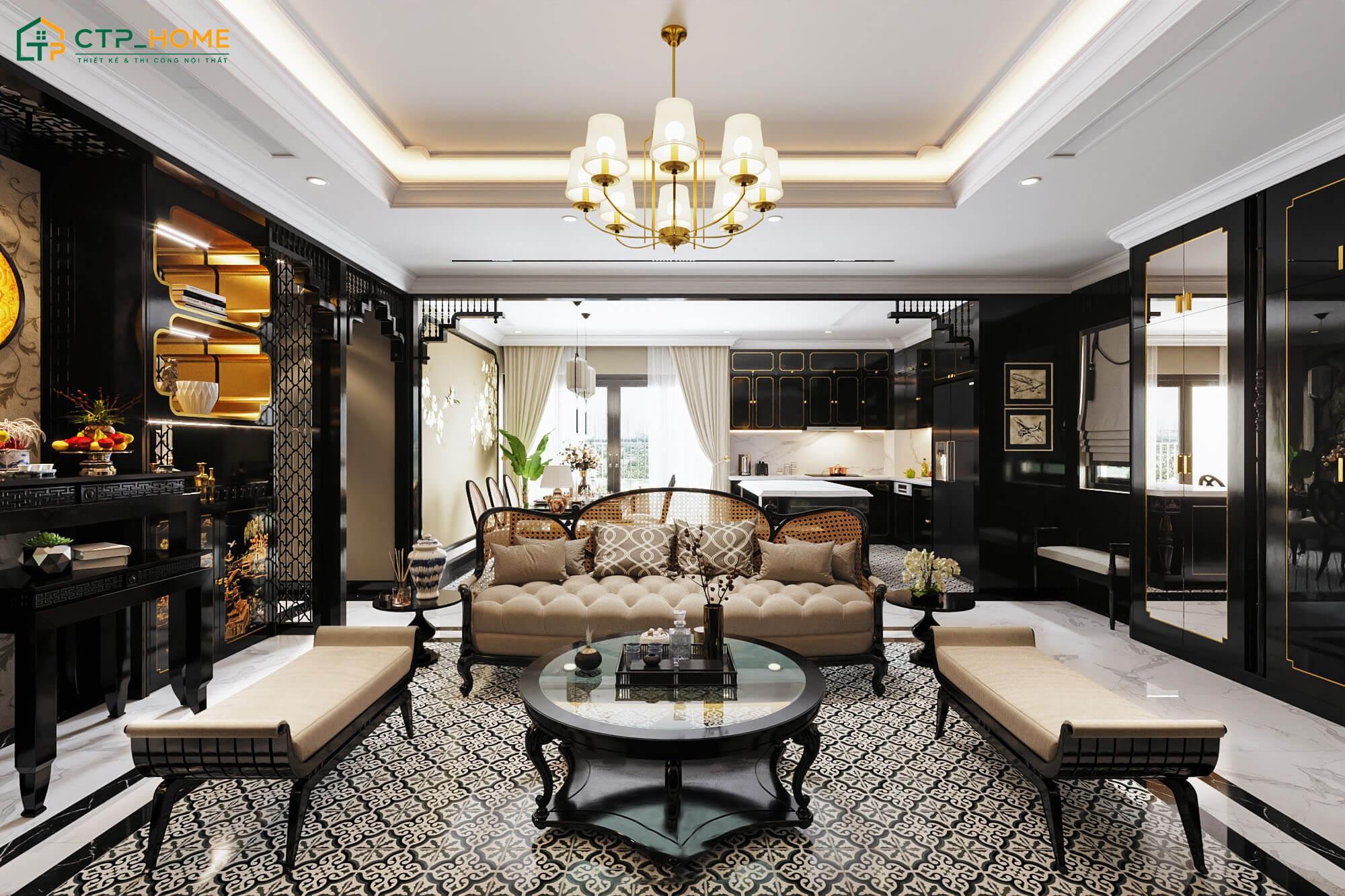 Mẫu phòng khách Đông Dương sang trọng thường sử dụng đồ nội thất cao cấp và các chi tiết trang chí cầu kỳ