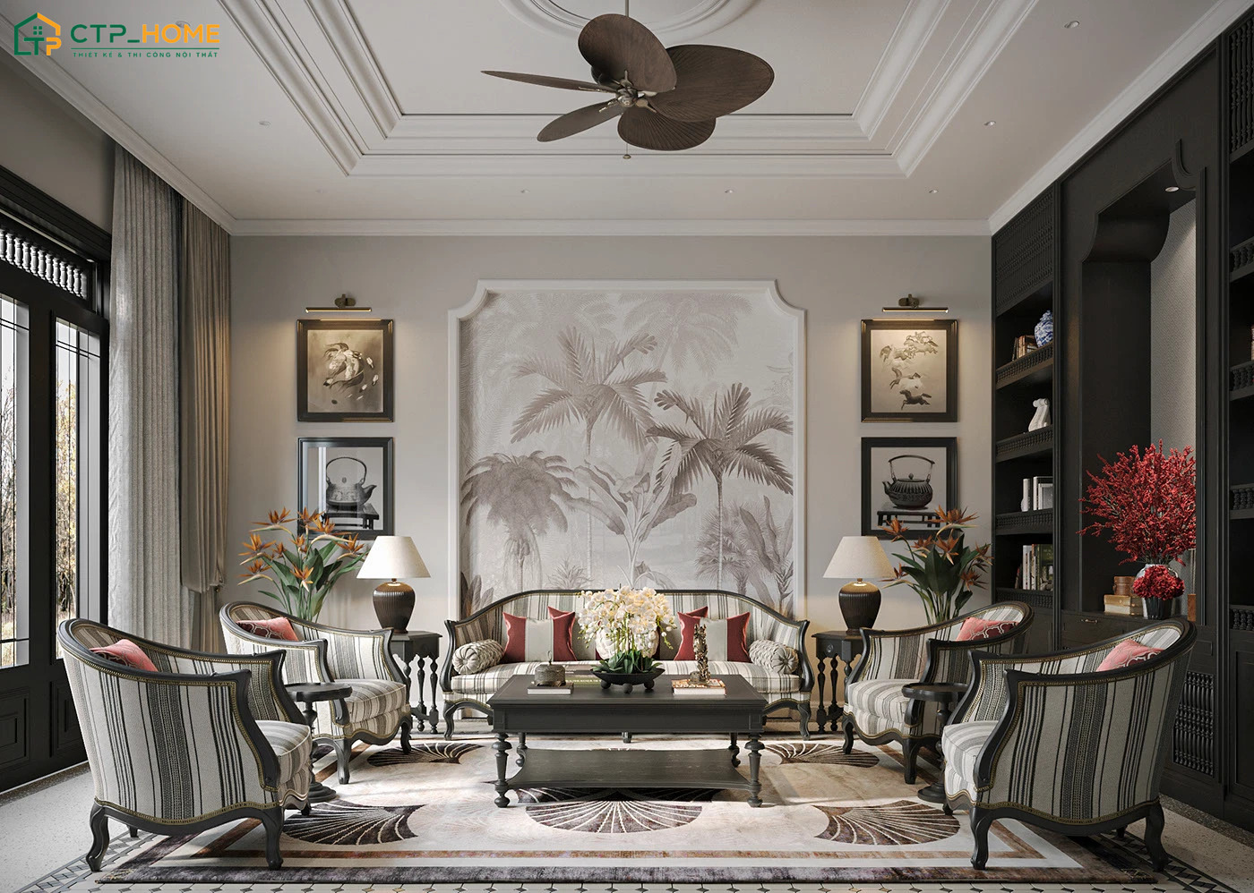 Mẫu phòng khách Indochine sang trọng nổi bật với cách bài trí chỉn chu để tạo nên một tổng thể hài hòa và tinh tế