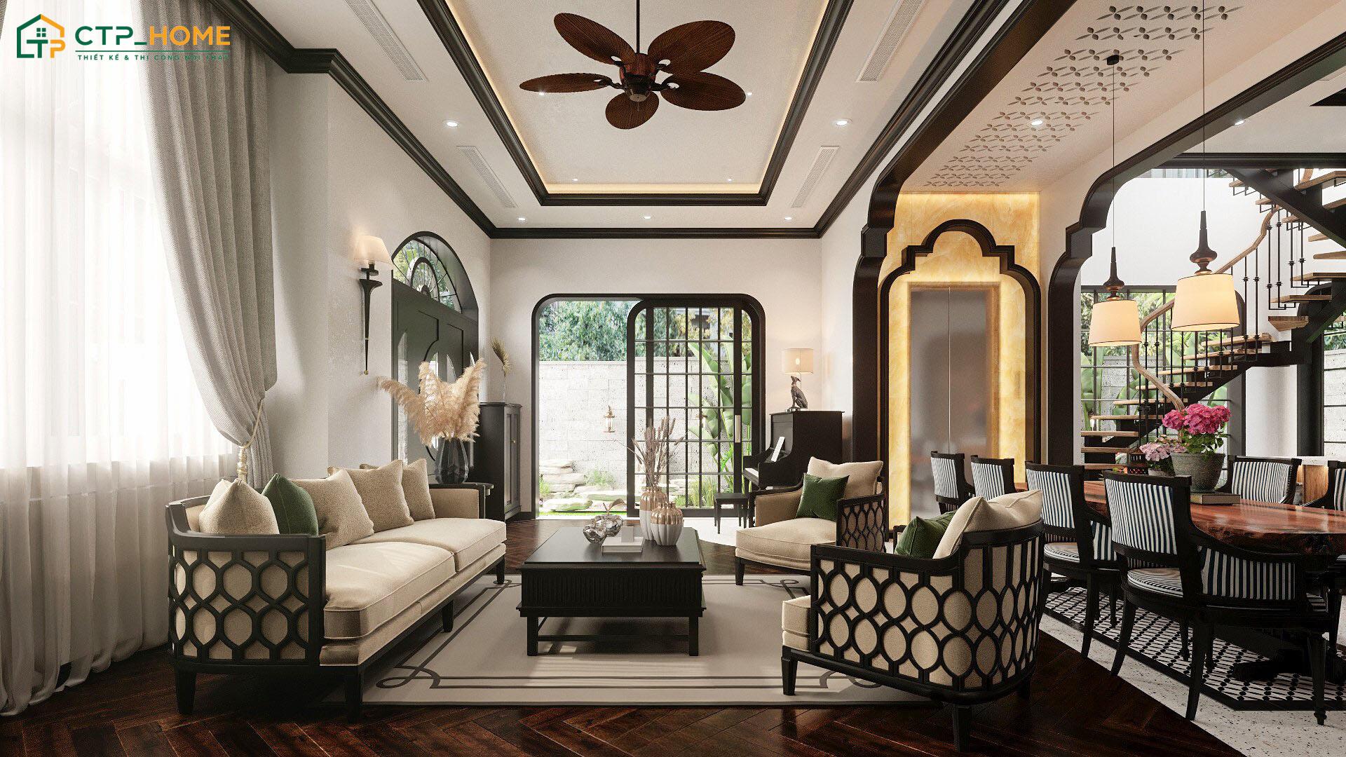 Mẫu phòng khách Indochine truyền thống mang vẻ đẹp mộc mạc, hoài niệm và đậm dấu ấn Á Đông