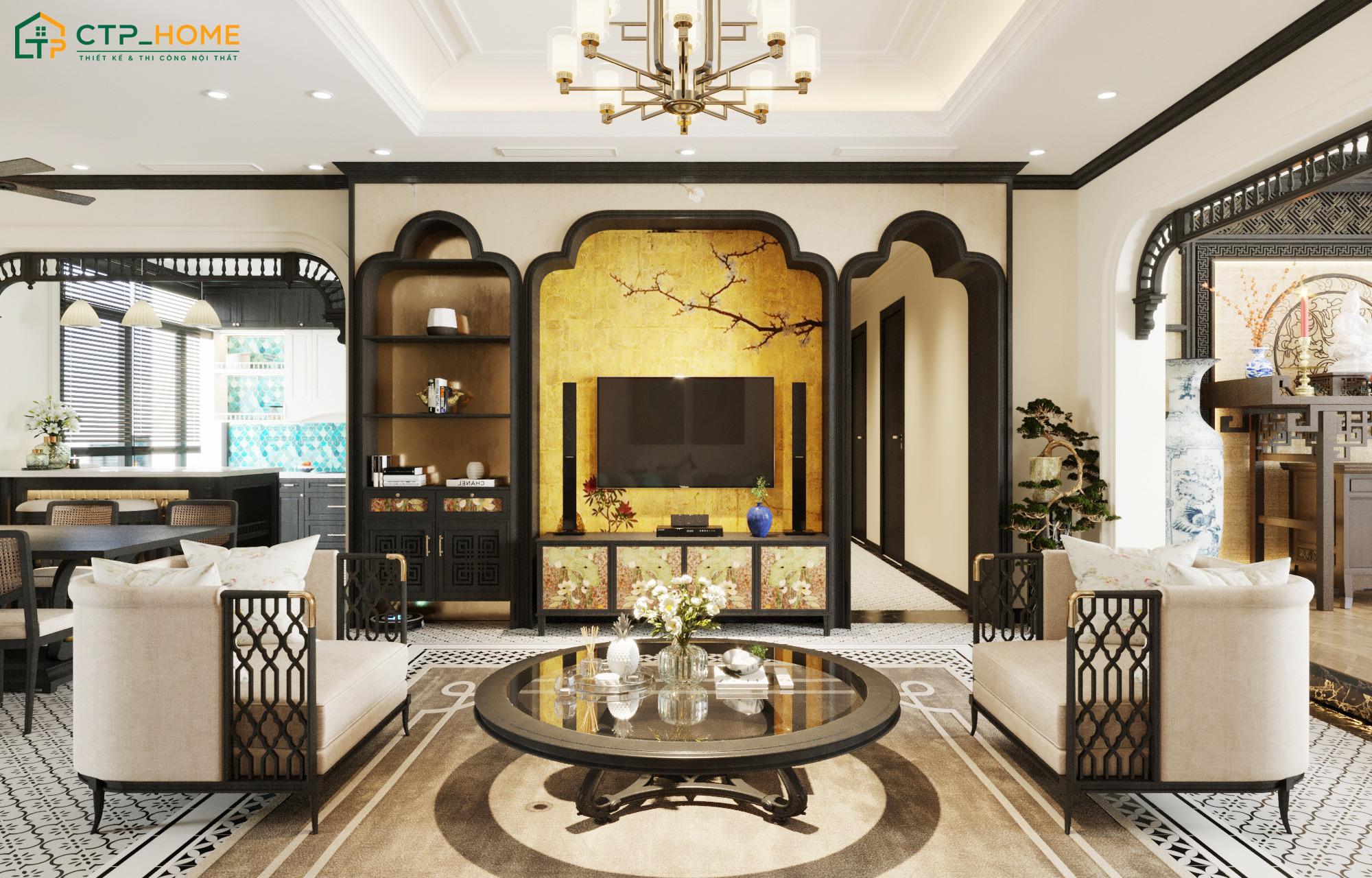 Mẫu thiết kế phòng khách phong cách Đông Dương truyền thống nổi bật với những hoa văn trang trí đặc trưng
