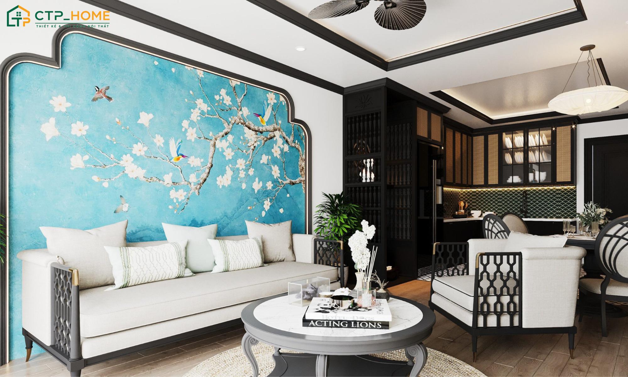 Mẫu thiết kế phòng khách phong cách Indochine với gam màu nhiệt đới giúp đem đến cảm giác mới mẻ hơn