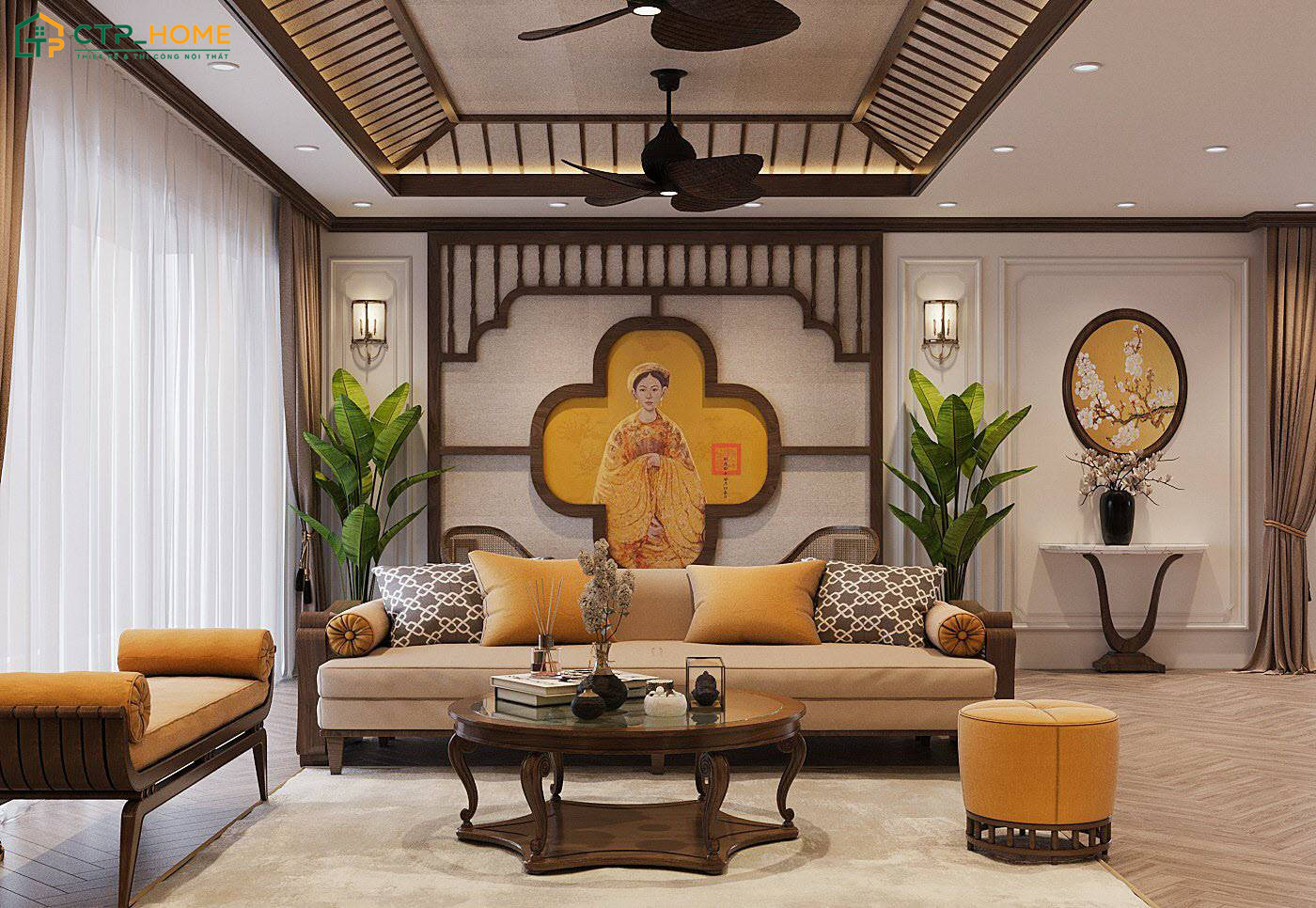 Không gian phòng khách Đông Dương sẽ trở nên sinh động hơn khi được kết hợp cùng gam màu nhiệt đới
