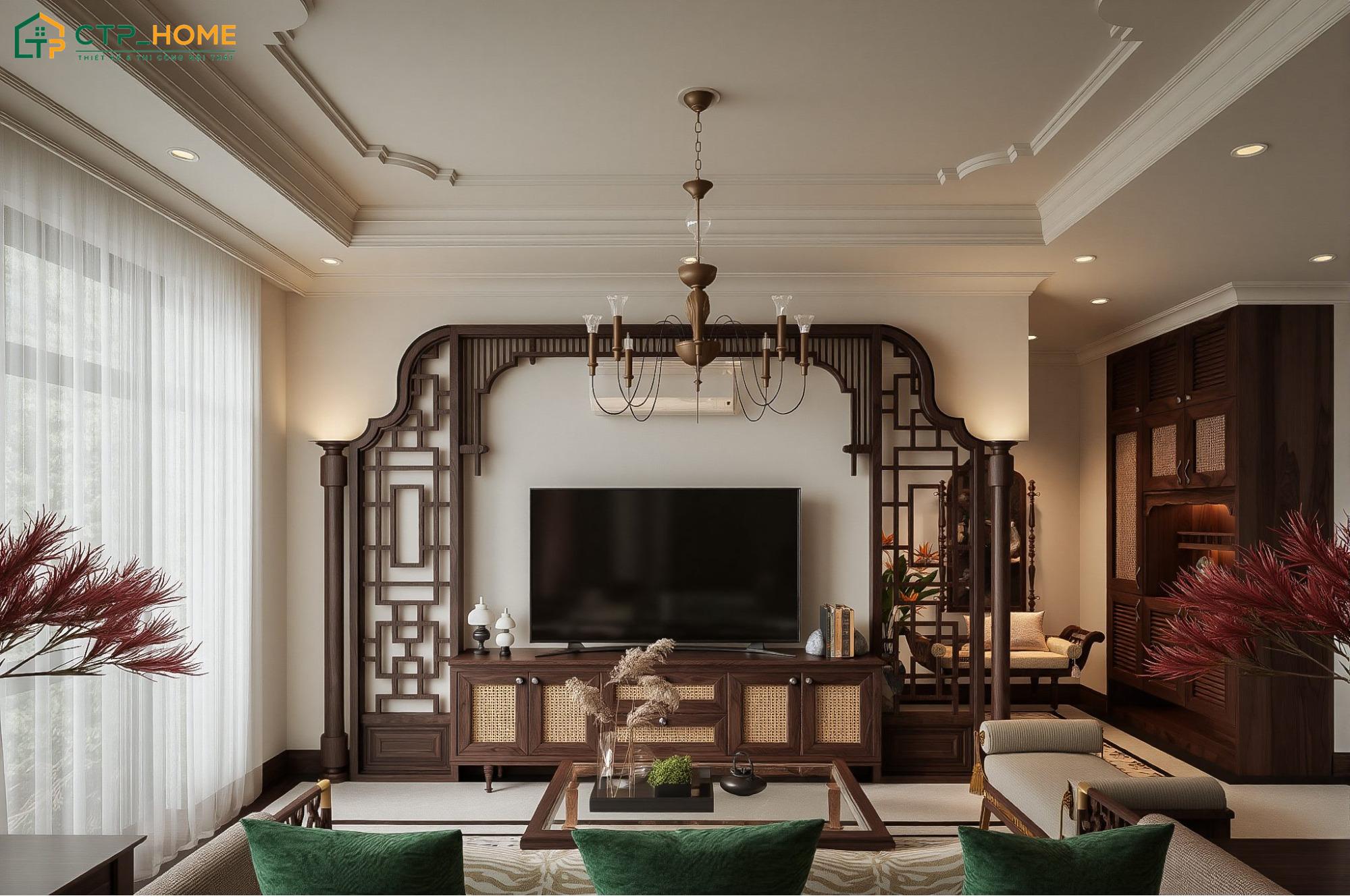 Phòng khách phong cách Đông Dương thường được bố trí khoa học để đảm bảo sự thuận tiện khi sử dụng