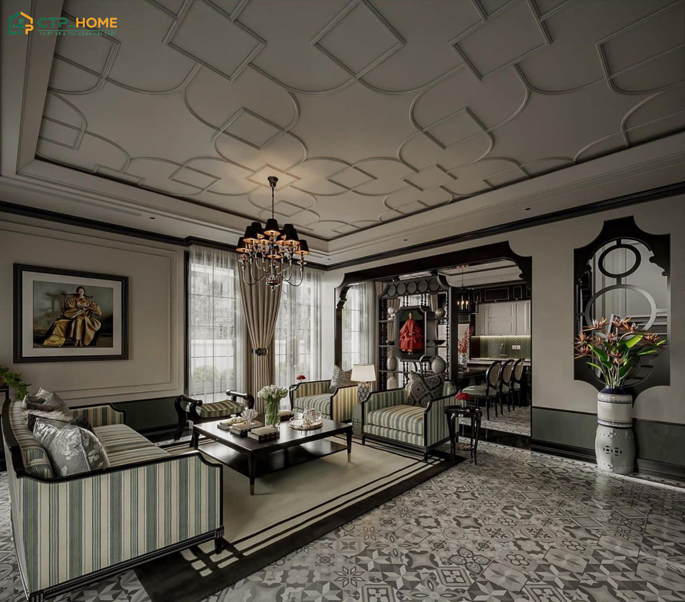 Các chi tiết trang trí được lựa chọn khéo léo để đem đến vẻ đẹp tinh tế cho phòng khách phong cách Indochine