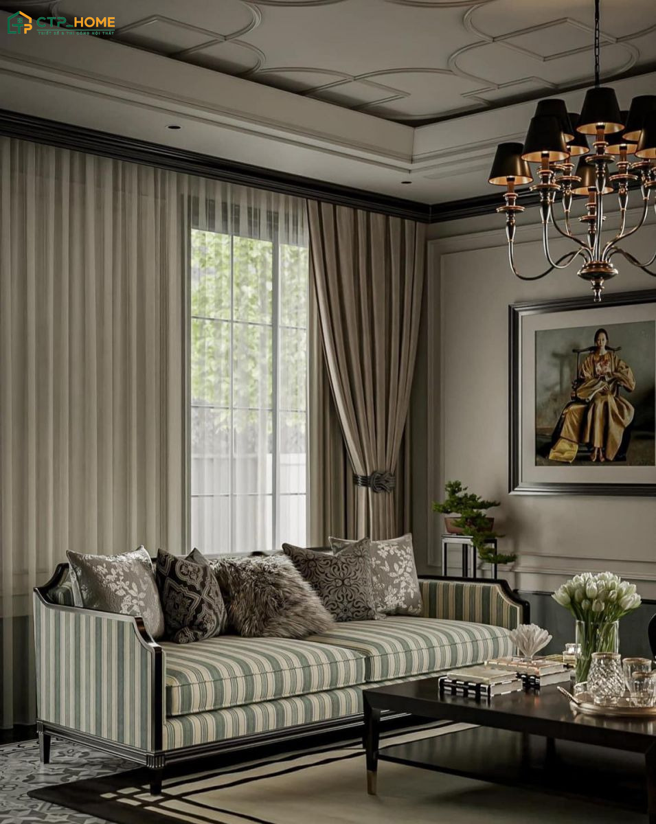 Bộ sofa mang kiểu dáng thanh lịch sẽ trở thành điểm nhấn cho phòng khách phong cách Đông Dương