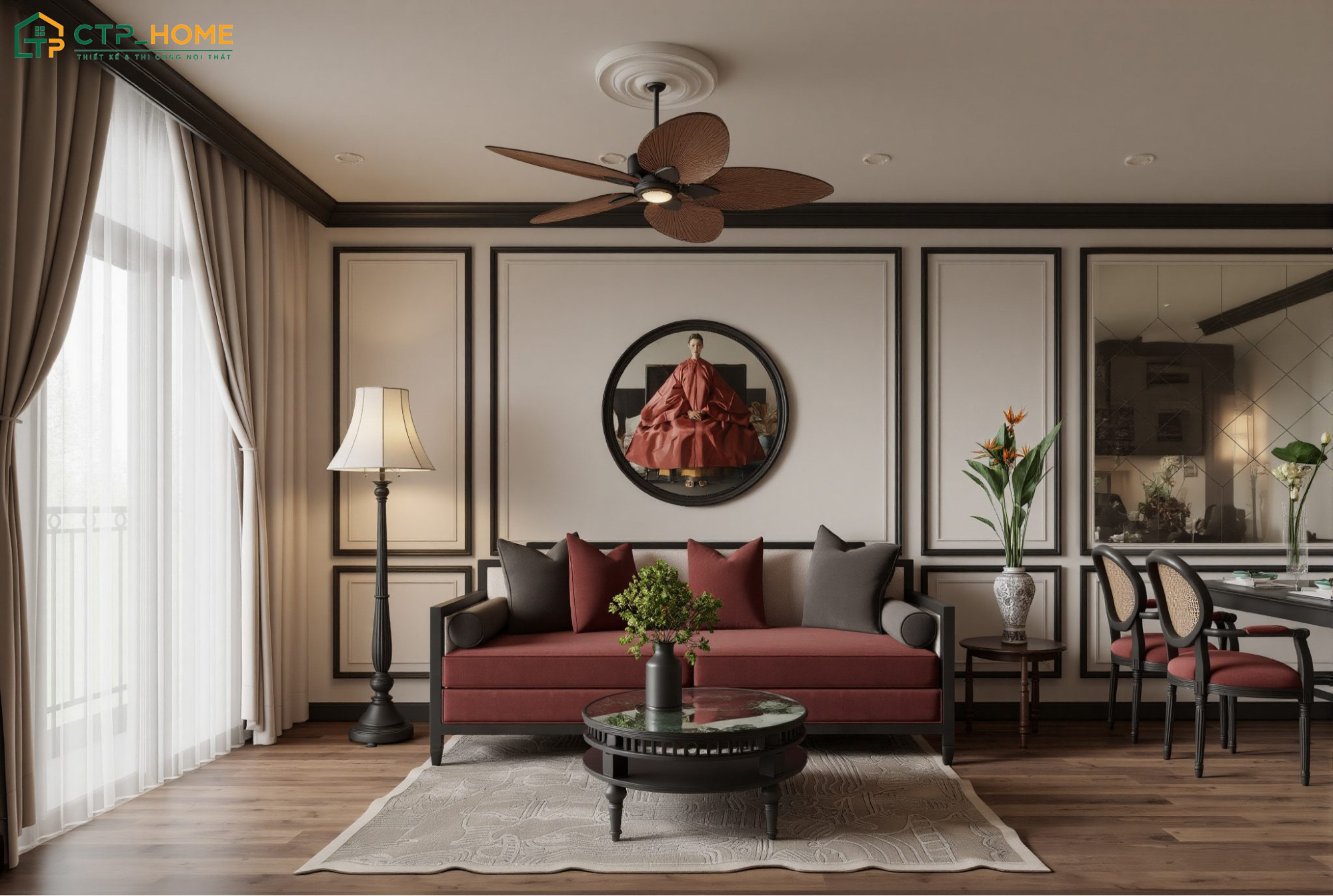 Sử dụng hoạ tiết trang trí mang đậm dấu ấn văn hóa phương Đông để tạo điểm nhấn cho phòng khách